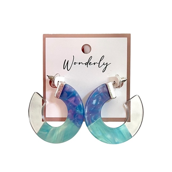 Wonderly Iridescent Blue Lavender Turquoise Acrylic Hoop Post-Back Earrings NWT - Picture 1 of 6